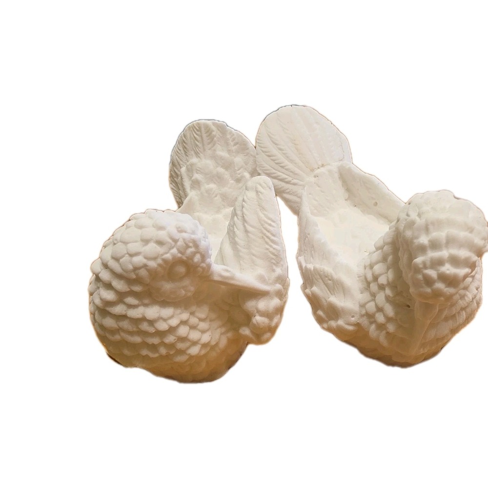 Pair White Alabaster Marble Dove Bird Figurines Carved Stone Decor Vintage